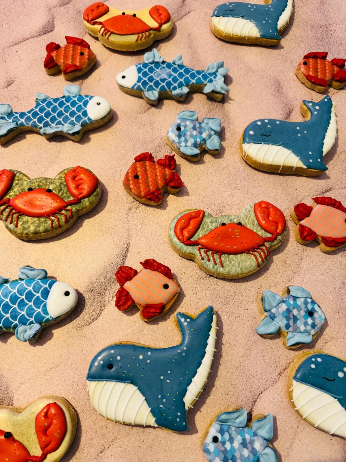 Biscuits crabe, poissons, baleine